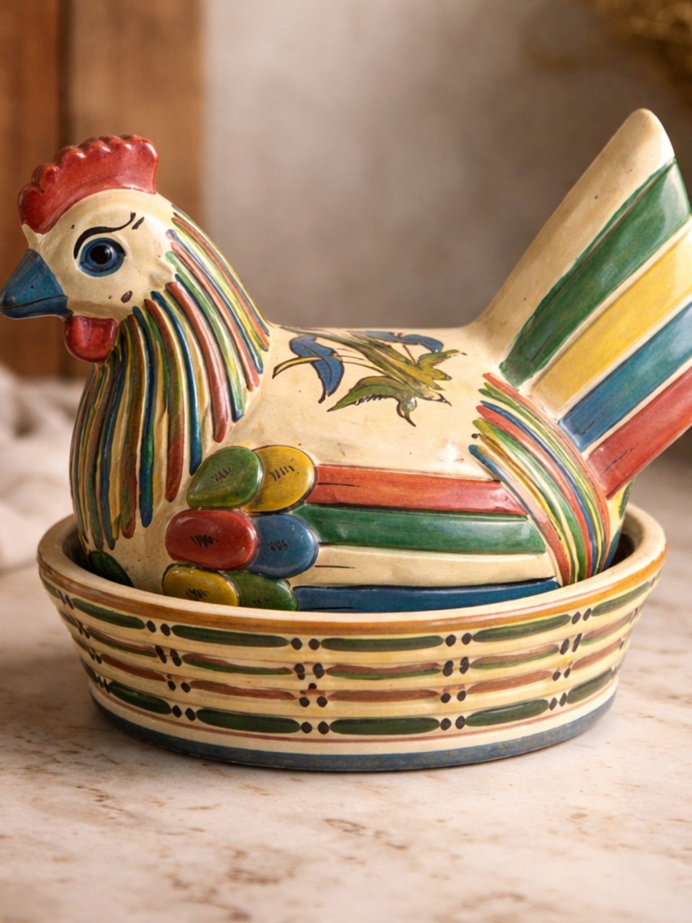 Hand-Painted Ceramic Hen Planter with Bright Stripes